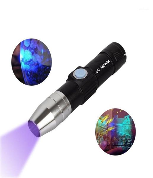 Lanternas Tochas USB Recarregável 365nm Luz UV 3W LED Mini Tocha de Bolso Blacklight para Dinheiro Digital Detect9420536