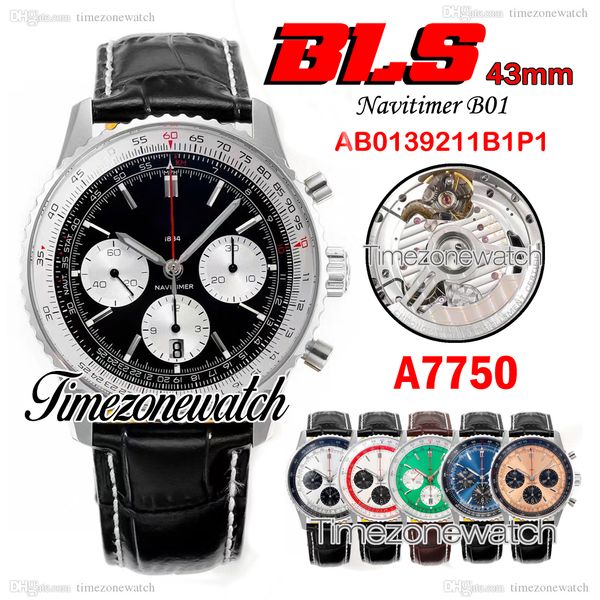 BLSF Navitimer B01 ETA A7750 Автоматические мужские часы с хронографом, черный, белый циферблат, кожаный ремешок AB0138211B1P, 43 мм, часы Super Edition Timezone, C148D