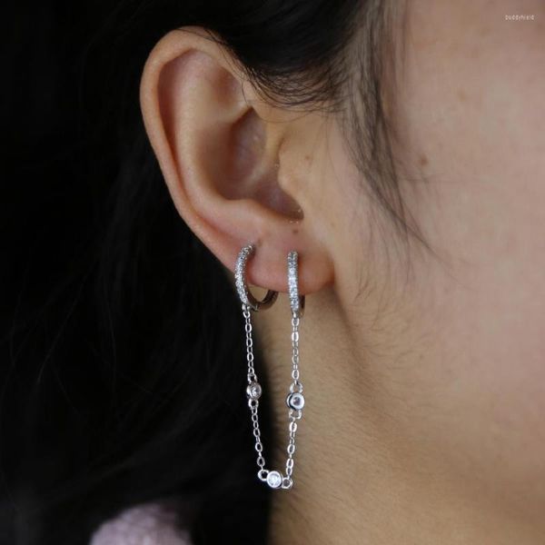 Ohrhänger Hochwertiger Silberschmuck Double Piercing 925 Sterling CZ Station Dangling Quaste Kettenohrring für Frauen