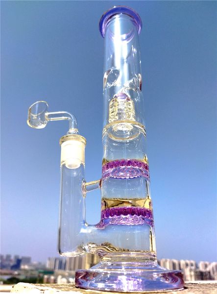 Purple Tube Bong Double Honeycomb Percs One Matrix Glas Bong Recycler Dab Rig Rauchen Wasserpfeife mit Eishalter 14mm Joint Banger Glas Wasserbongs