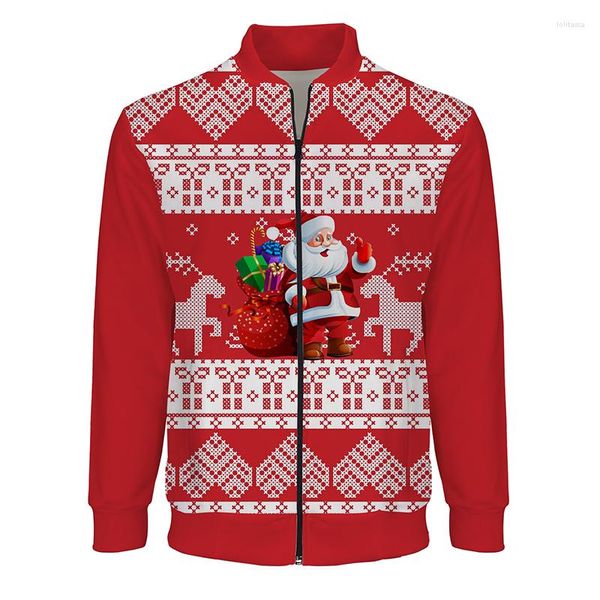 Jackets masculinos Christmas Casual Papai Noel Elk 3D Impresso Menas de rua de moda masculina Stand Collar Bomber Jacket Anime Hip Hop Coat