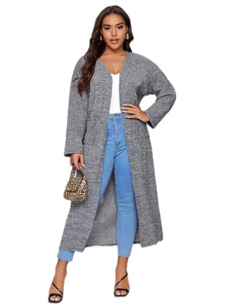 Oberbekleidung Plus Größe Langarm Frühling Herbst Eleganter Mantel Frauen Solide Offene Vordertasche Seite Maxi Strickjacke Weibliche Big Duster 4XL 5XL