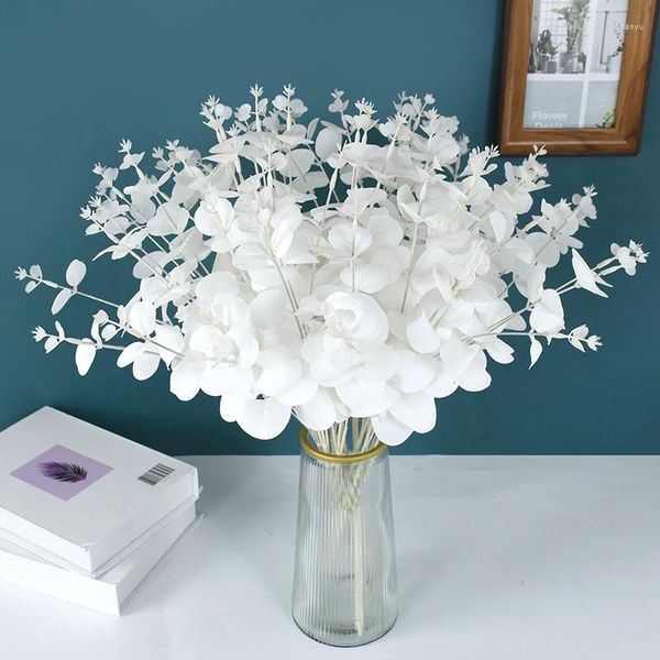 Flores decorativas 1pc White Eucalyptus folhas ramificações Falsas de plantas de planta buquê de flores artificial para casamento decoração de decoração de natal decoração