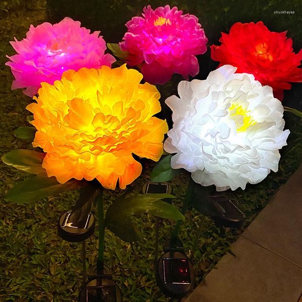 LED Solar Peony Flower Lantern Outdoor Luminous 3 Heads Cabeças Lâmpada do piso do pátio do parque Decorativo Luz de gramado