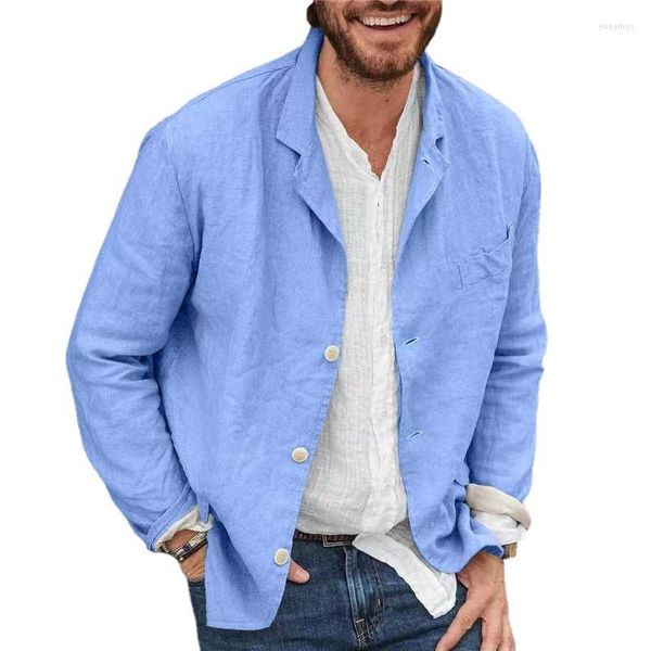 Erkek Ceketler Yaz Ketenleri Erkekler İçin Günlük Takım Kıyafet Mavi Bekar Buzlu Gevşek Uygun Hafif Düğün Prom Groom'un Blazer Elbise