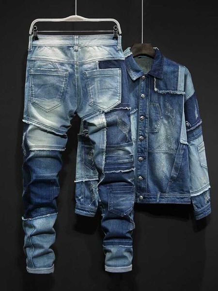 Tute 2022 Personalità Blu Set da uomo Colori misti Giunti Denim sciolto Set a due pezzi Maniche lunghe Giacche monopetto e Jeans a figura intera00NB