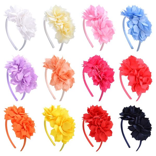 Tinta unita Fiori doppi Cerchio per capelli per bambini Moda Fascia per capelli elastica floreale fatta a mano Copricapo per bambini Puntelli per fotografia