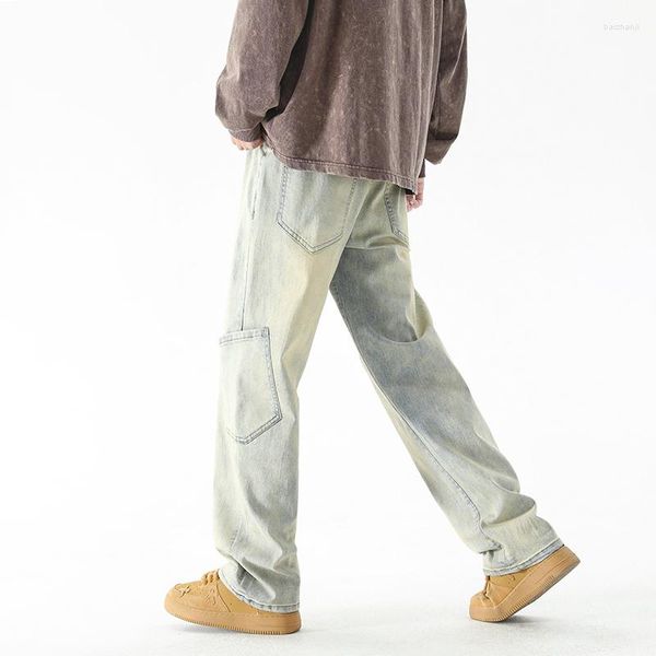 Мужские джинсы Американская желтая глиняная окрашивание растягиваемой прямой карманные брюки для весны и лета