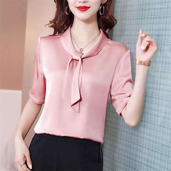 Blouses feminina francesa doce e elegante escritório renda up colar de cachecol de meia manga Cetina de cetim de qualidade feminino feminino gelo camisa de seda rosa branco