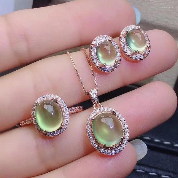 Halskette Ohrringe Set Roségold Farbe Oval CZ Kristall Synthetischer Grüner Grapestone Opal Und Schmuck Für Frauen Mädchen Tropfen