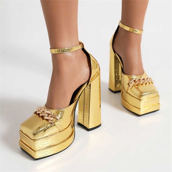 Сандалии золотой камень рисунок женщин накачивает двойные платформу для платформы для модной цепочки для пряжки квадратный ремень квадрат носки 230406