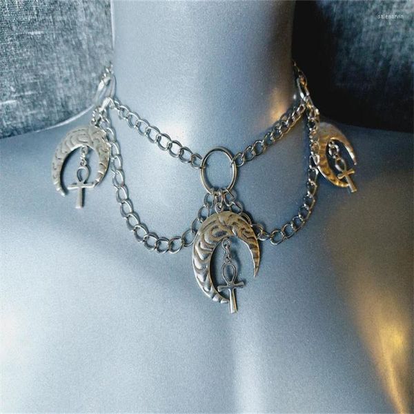 Catene Triple Ankh Crescent Chain Choker - Gothic Vampiric Order Wisdom Gift Egyptian Vamp Eternal Life Force Croce Simbolo Immortalità