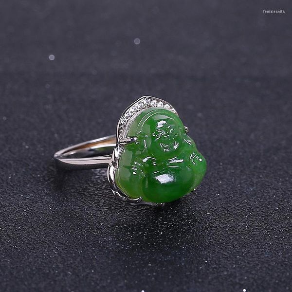 Anelli a grappolo S925 Argento sterling intarsiato Naturale An Jade Jasper Russian Laughing Buddha Maschile Coppia Moda Anello Bocca allentata Donna