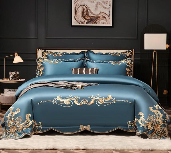 Высококлассный комплект постельного белья с золотой вышивкой, роскошный 4 шт., синий египетский хлопок, пододеяльник, простыня, льняные наволочки, сплошной цвет, домашний Textil1426249