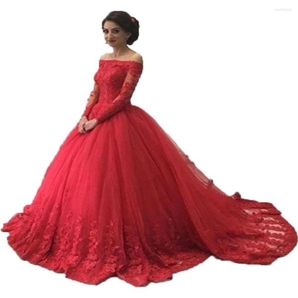 Abiti da festa Abendkleider Red Evening 2023 Scollo a barchetta Maniche lunghe Abito da ballo Appliques Tulle Abito da ballo formale Abiti da festa