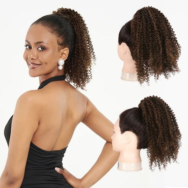 Sentetik Drawstring Puff Ponytail Afro Kıvırcık 14 inç Saç Uzatma Klibi Pontail Afro Ombre Kısa Saç Parçası