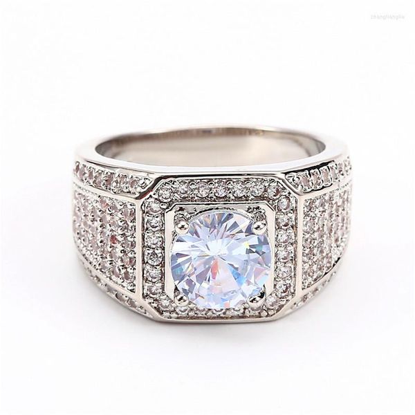 Trauringe Luxus Männlich Weiblich Weißer Zirkon Stein Ring Versprechen Silber Farbe Verlobungscharme Kristall Rund Für Frauen Männer