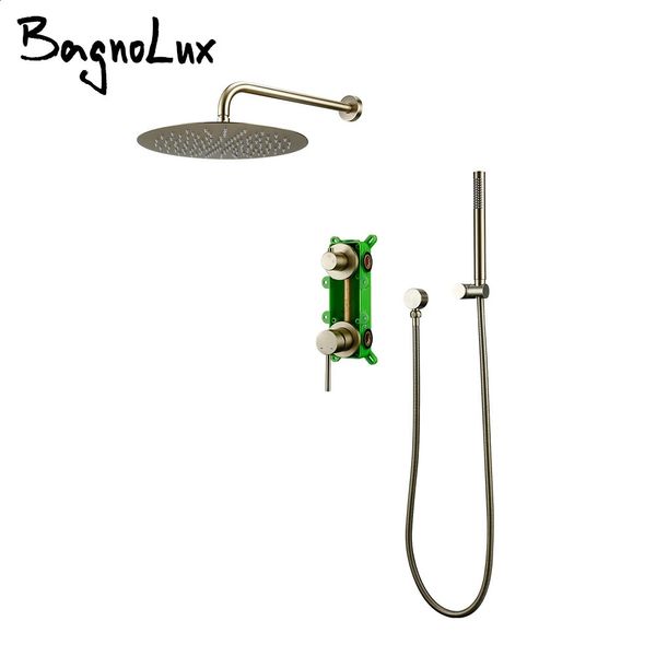 Badezimmer-Duschköpfe, Wandmontage, gebürstetes Gold, System-Wasserhahn-Set, Bagnolux-Messing für 8 12 Zoll Regenkopf und Handhalterschlauch 231118