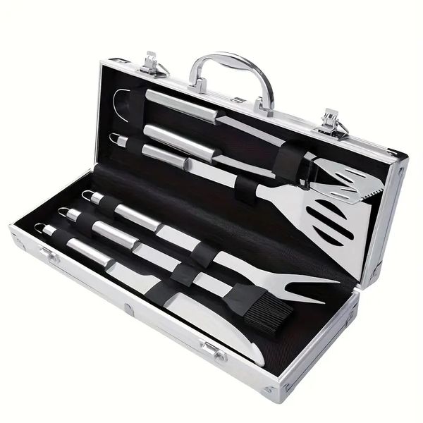 Conjunto de acessórios para churrasqueiras - 5 peças de kit de ferramentas para grelhar em aço inoxidável com faca, espátula, garfo, escova, pinças para churrasco Presente de churrasco de luxo com maleta de transporte