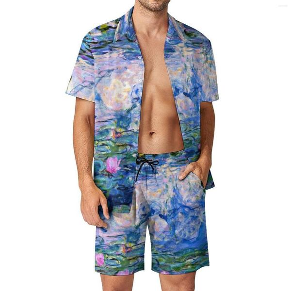 Herren Trainingsanzüge Lila Blumenmuster Urlaub Herren Sets Claude Monet Berühmte Malerei Freizeithemd Set Sommer Shorts 2 Teilig Retro Anzug groß