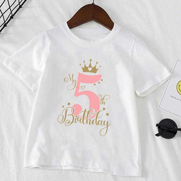 T-Shirts Çocuklar Tişört Doğum Günü Numaraları 1-10 Taç Gömlek Yaz Kızlar Doğum Günü Üstleri Beyaz Kısa Kollu Vahşi Tees Çocuk Partisi Giysileri P230419