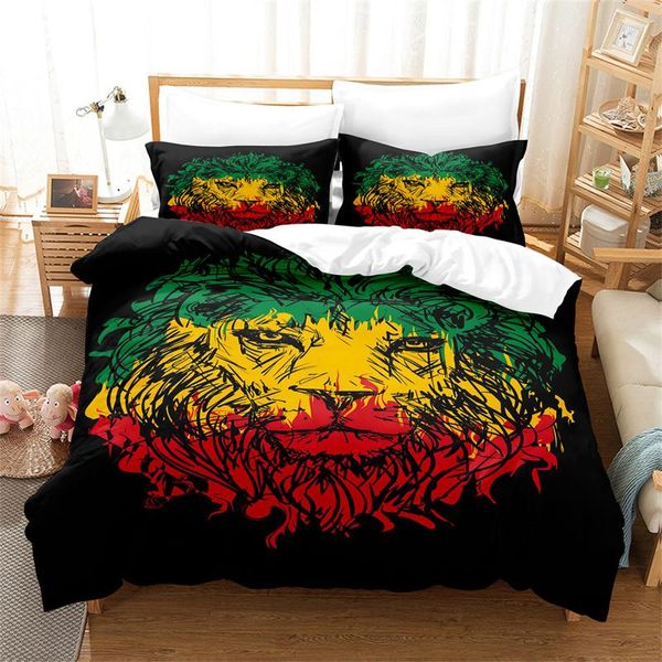 Yatak Seti Siyah Aslan Baskı Yatak Odası Seti Yumuşak Yatak Moda Moda ve Rahat Yorgan Kapağı Yorgan Yastık Kılıfı