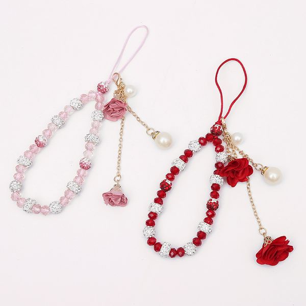 Correio de celular Correia curta para chave Pulseira de diamante Caixa de telefone Flower Perel pendente Diy Tassel tiras