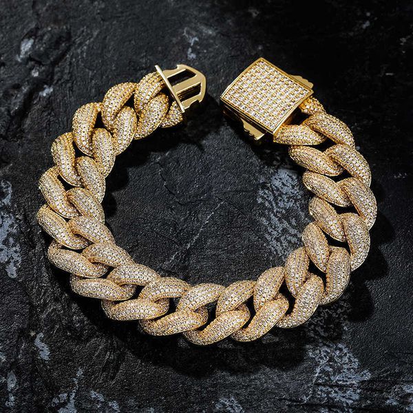 18mm Mens Hip Hop Cuban Link Chain Bracciale Fibbia a molla Full Iced Out Cubic Zircon Curb Catene per uomini Ragazzi 14K Real Gold Persoalized Party Jewelry Bijoux Gift