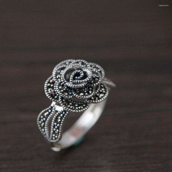 Cluster Rings fnj 925 Серебряная розовая цветочный кольцо Marcasite Original S925 Sterling Thai для женщин -ювелирных украшений регулируется