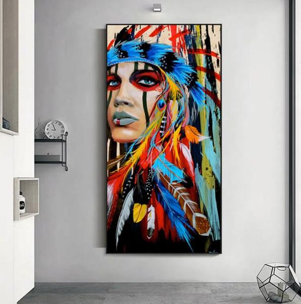 Pintura em tela moderna para decoração de casa, penas de guerreiro africano, imagens de arte de parede para sala de estar, pôsteres abstratos e impressões 3405542