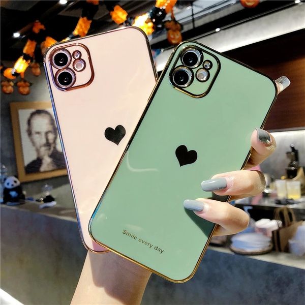 Galvanisierte Love Heart Phone Case Shell für iPhone 12 13 11 Pro Max XR X XS Max 8 Plus 14 Soft Silicone Camera Protective Back Cover