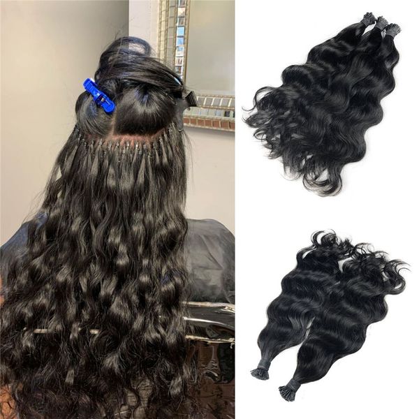 Eu tiro extensões de cabelo humano ondas naturais pré-ligado i-tip preto 1b microlinks