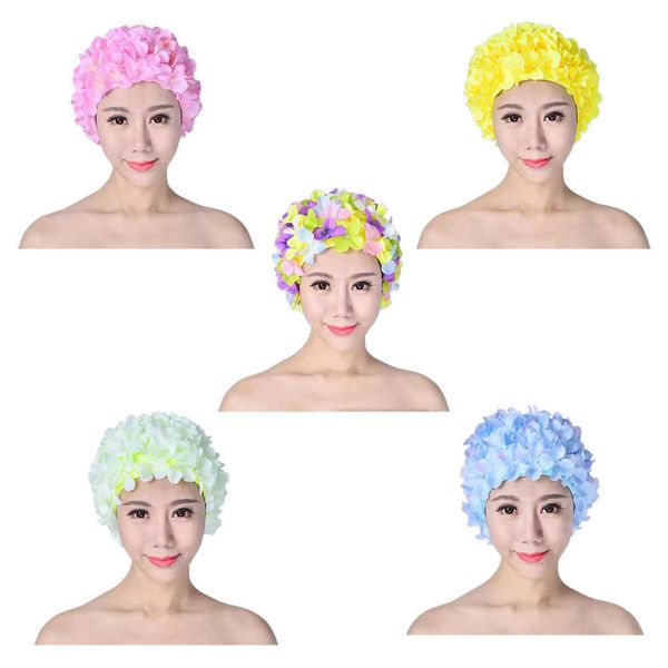 Yüzme Kapakları 3D Çiçek Su Spor Şapkası Nefes Alabilir Yüzme Banyosu Yumuşak Uzun Saç Dalış Kaput Kulağı Koruma Konforlu Havuz Aksesuarları P230418