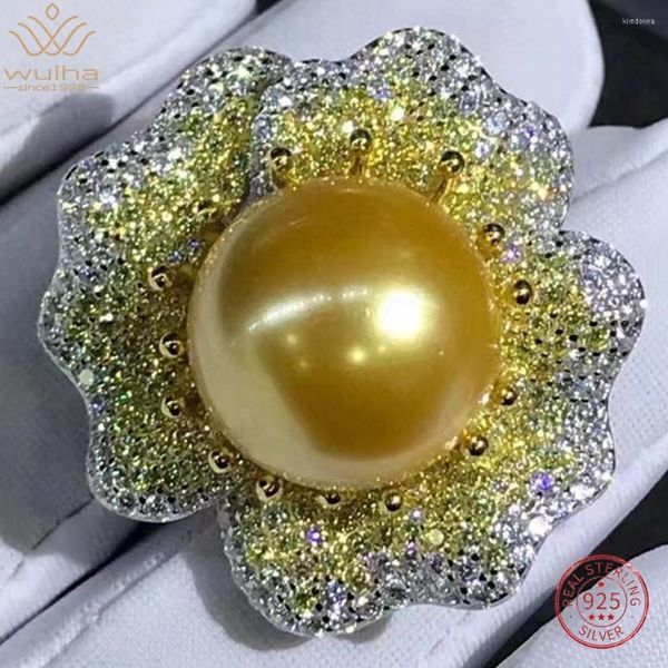 Cluster Ringe WUIHA Echt 925 Sterling Silber Platiniert 16MM Goldene Süßwasserperle Synthetischer Diamant Ring Für Frauen Geschenk Tropfen