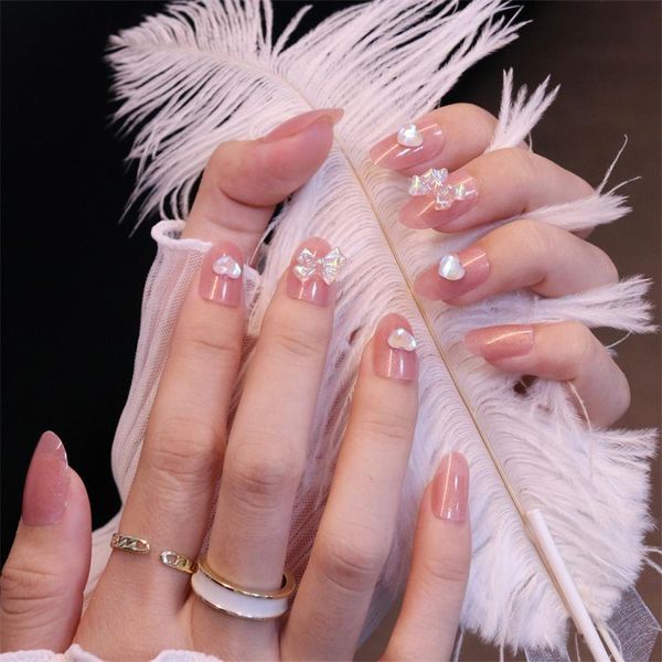 False unhas 24pcs Conjunto completo 3D Rosette Rosette Glitter Glitter Crystal Oval Presson Fingernail Pink Fake With Designs SXY-27