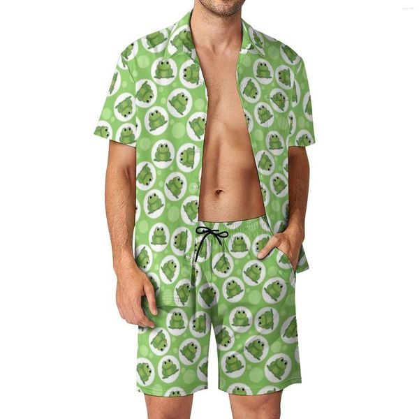 Erkeklerin izleri sevimli yeşil kurbağa tatil erkek setler sevgi çizgi film kurbağaları rahat gömlek yaz desen şort iki parçalı serin takım büyük boyut