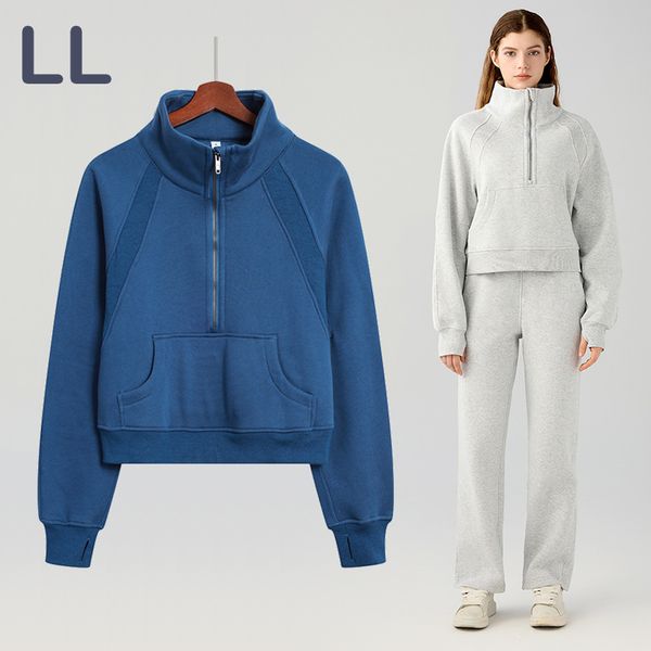 LL Yoga Ceket Kadın Sonbahar/Kış Gevşek Kısa Sca Half Zip Yüksek Boyun Kazak Rüzgar Poparalı Sıcak Fırçalı Peluş Kalınlaştırılmış Açık Boş Zamanlı Kazan