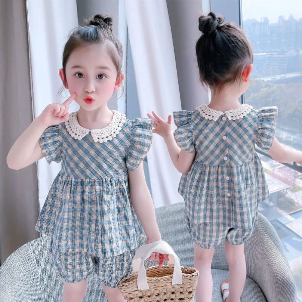 Summer Kids Girls Clothing Set Princess Lace Collar Ruffles Sleeve Plaid Op com shorts Chlildren Girl 2pcs