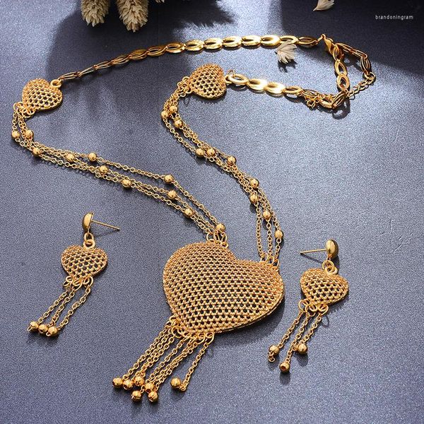 Collana Orecchini Set Gioielli Color Oro Dubai Per Donna Cuore Africano Francia Festa Nuziale 24K Regali Nuziali Etiopia