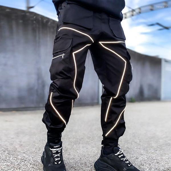 Pantaloni da uomo Pantaloni da jogging hip-hop cargo neri Pantaloni larghi Harem multitasche riflettenti Casual Streetwear per