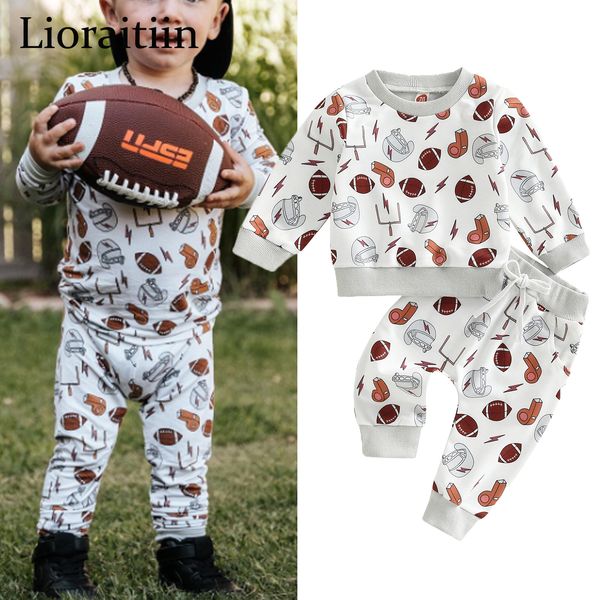 Conjuntos de roupas 0908 LIORAITIIN 03 IYERS Criança de meninos de futebol da roupa de outono de manga longa o pescoço de pescoço Rugby Print Pant 230418