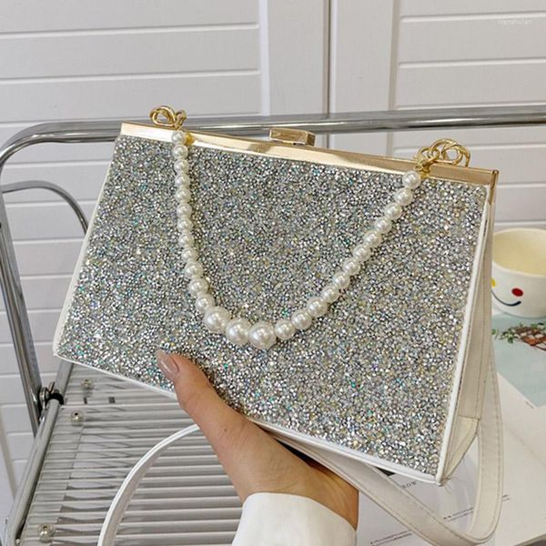 Abendtaschen Elegante Damen Hochzeit Kupplung Mit Perlen Glitzer Handtaschen Luxus Designer Dame Weiß Rosa Crossbody Messenger