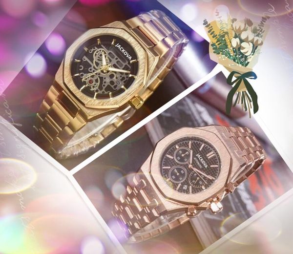 Мужские кварцевые часы Reloj с полым скелетонизированным циферблатом, 42 мм, автоматический механизм, резиновый ремешок из нержавеющей стали, сапфировый календарь, часы, президент, браслет-цепочка, часы, подарки