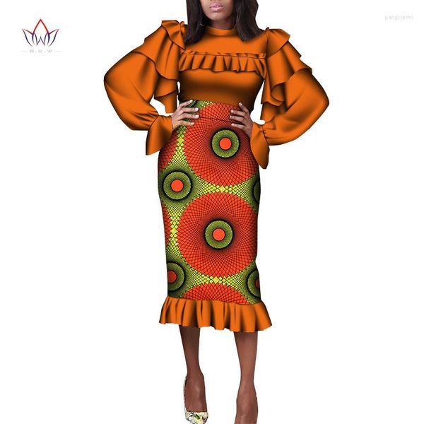 Roupas étnicas Salia de estampa africana personalizada para mulheres Bintarealwax Longo mangas de sopro de banda de sopro de gola do meio da panela de comprimento WY8206