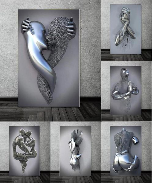 Abstrato de metal casal 3d pintura em tela romântico cartazes e impressões modernas arte da parede fotos para sala estar decoração casa6928618