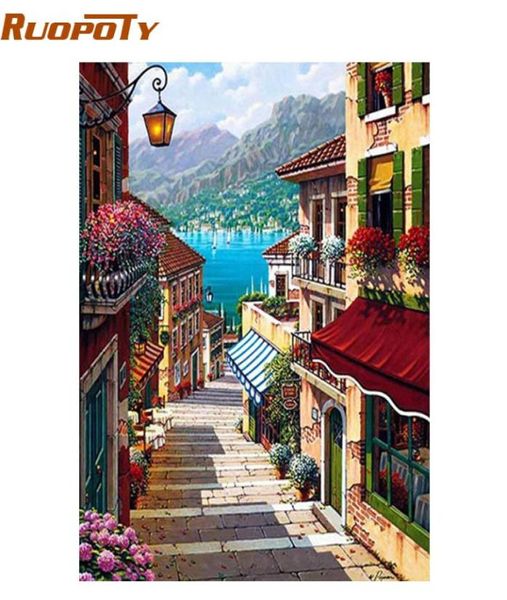 Ruopoty Cornice 40x50 cm Caffè Città Paesaggio Pittura By Numbers Wall Art Fai da te Pittura a olio Home Decor per la decorazione della camera Q1904263193900