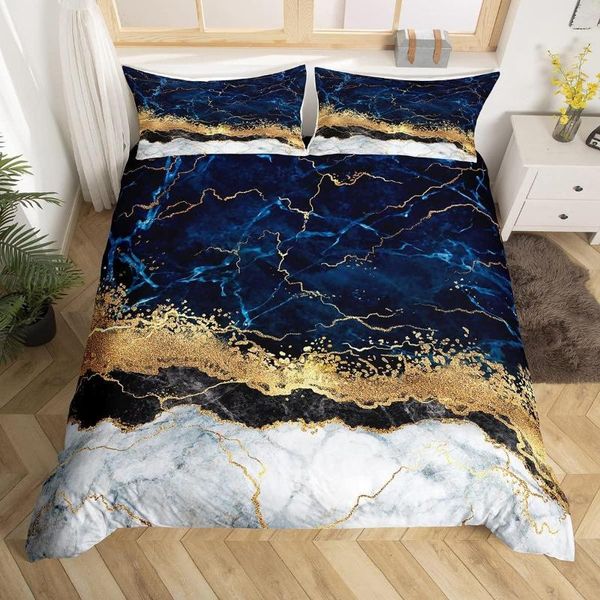 Bettwäsche-Sets Marmor-Bettbezug-Set Gold Giltter Navy Blue Stone Comforter Fluid Magma Abstract Hipster Quilt