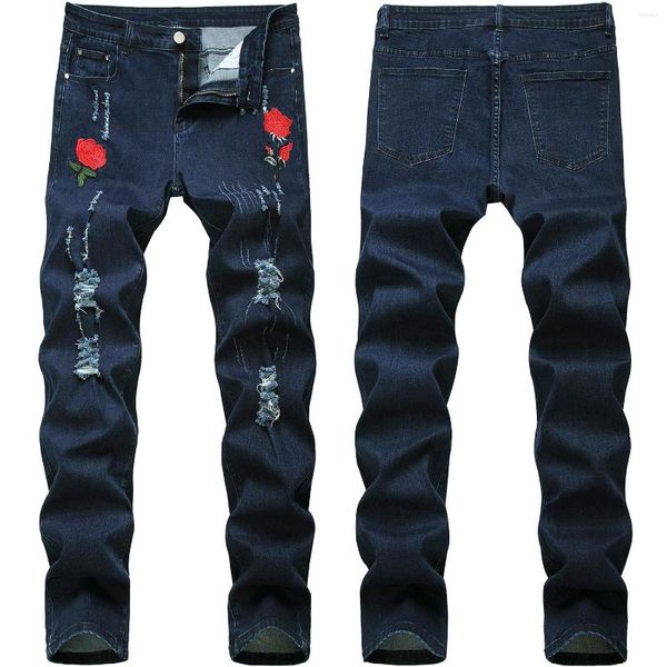 I jeans da uomo arrivano da uomo slim stretch blu scuro pantaloni di moda da strada strappati con foro di alta qualità stampa di lusso leggera casual sexy