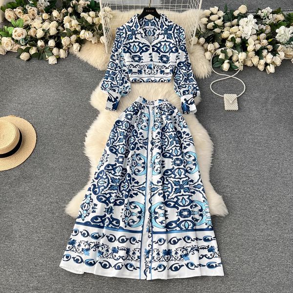 Duas peças vestido pista azul e branco porcelana outfits mulheres manga longa pérola botões camisa curta tops longo maxi saia férias 2 peças conjunto 2024