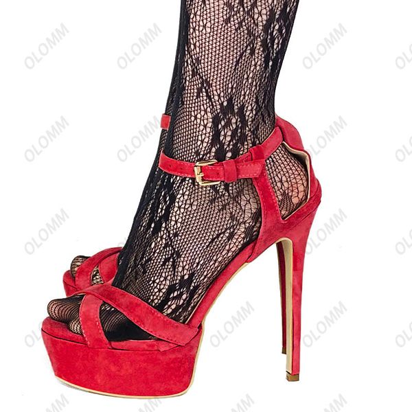 Olomm Handmade Женская платформа сандалии сандалии пряжки замши сексуальные стилевые каблуки Open Toe Abricot Purple Party Shoes Us Plus 5-20